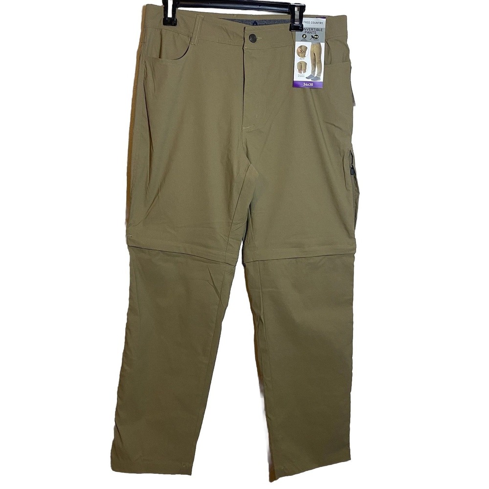 NWT Free Country Men's Nylon Stretch Convertible Pants Zip-Off Hiking 34x30